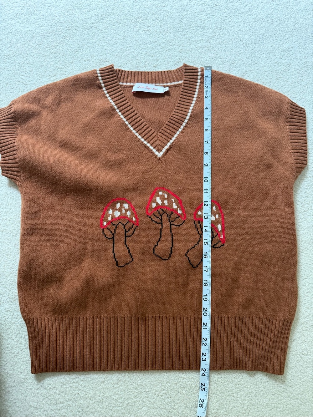 Lisa Says Gah Fangio Sweater Vest Brown Mushroom Graphic V-Neck Cap Sleeve M/L - Picture 7 of 7